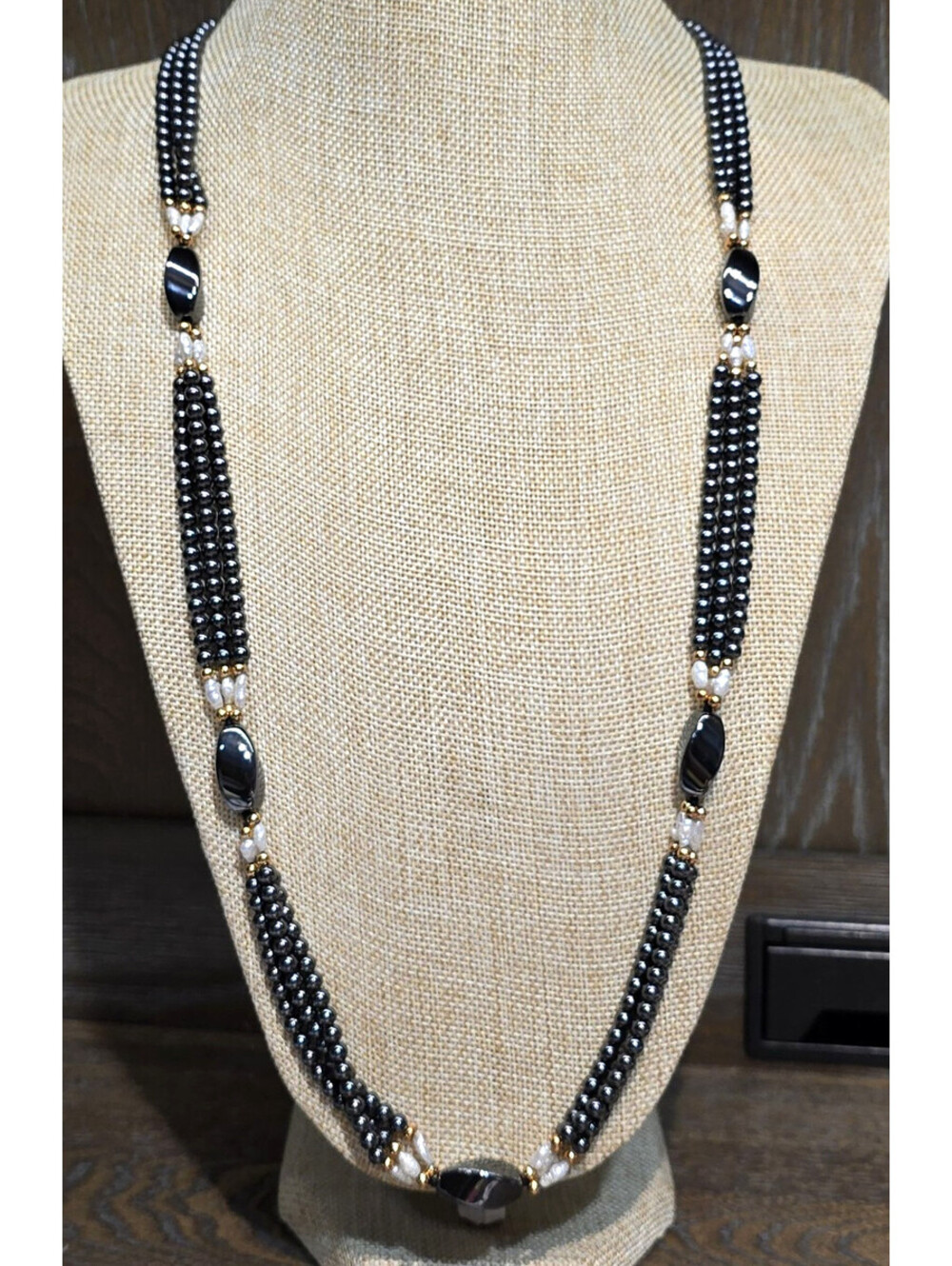 Vintage Multi Strand Hematite & Freshwater Pearl Necklace